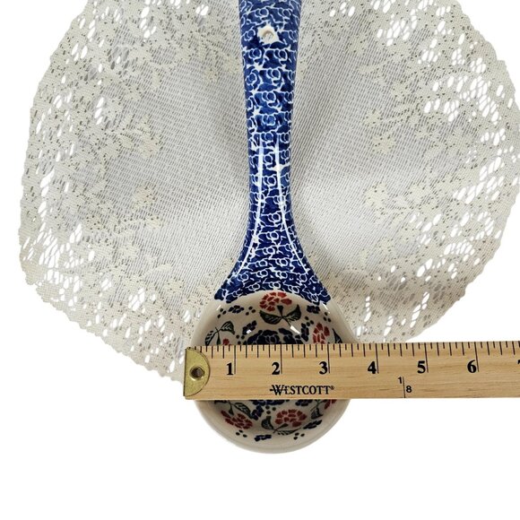 Polish Pottery Hand-Painted Floral Ceramic Ladle Blue Red 12" Long Vtg Soup - Picture 7 of 10